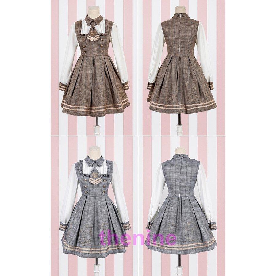 ワンピース クラシック ロリータ風 長袖 レディース ロリータ ワンピース チェック柄ロリータ服 森ガール 3点セット ワンピース+マント+ネクタイ