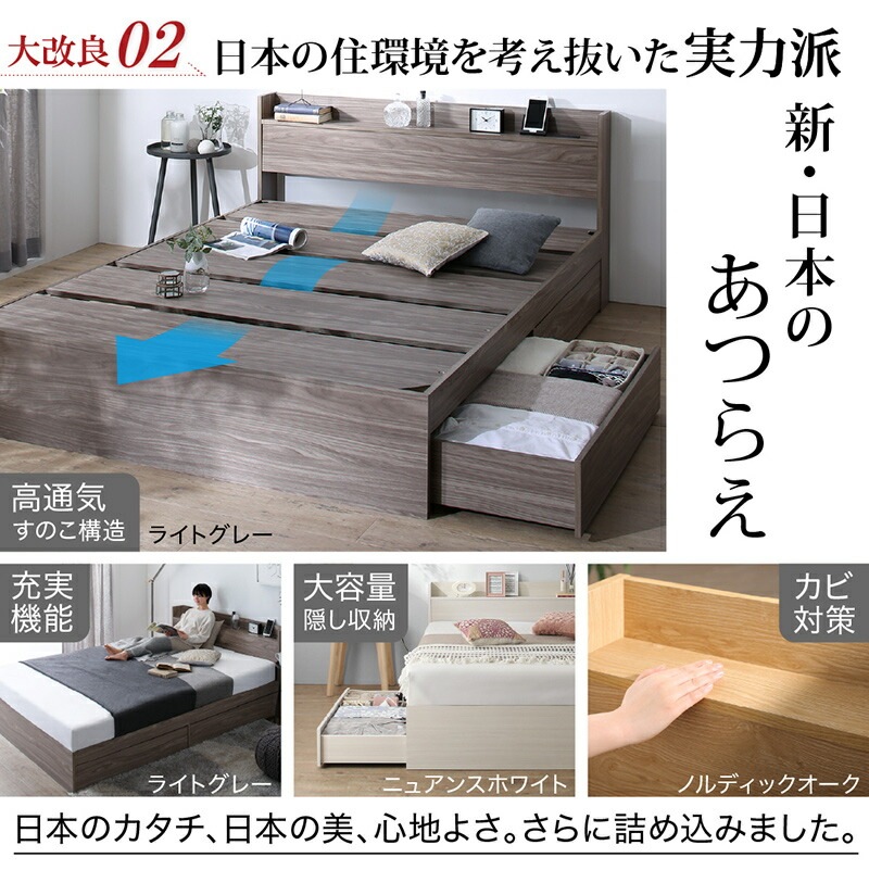 [組立設置付]棚コンセント付き 引き出し収納ベッド [エヴァーX] [ベッドフレームのみマットレスなし] シングル [フレーム色]ノルディックオーク