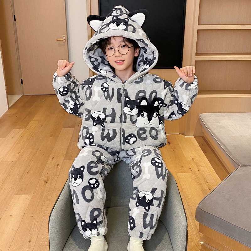 通学 男の子パジャマ子供秋冬珊瑚絨毯連帽三層綿挟み男の子青少年大童部屋着冬 保育園 小学部