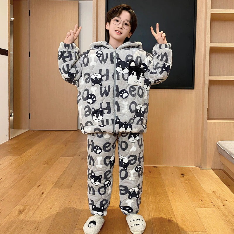 通学 男の子パジャマ子供秋冬珊瑚絨毯連帽三層綿挟み男の子青少年大童部屋着冬 保育園 小学部