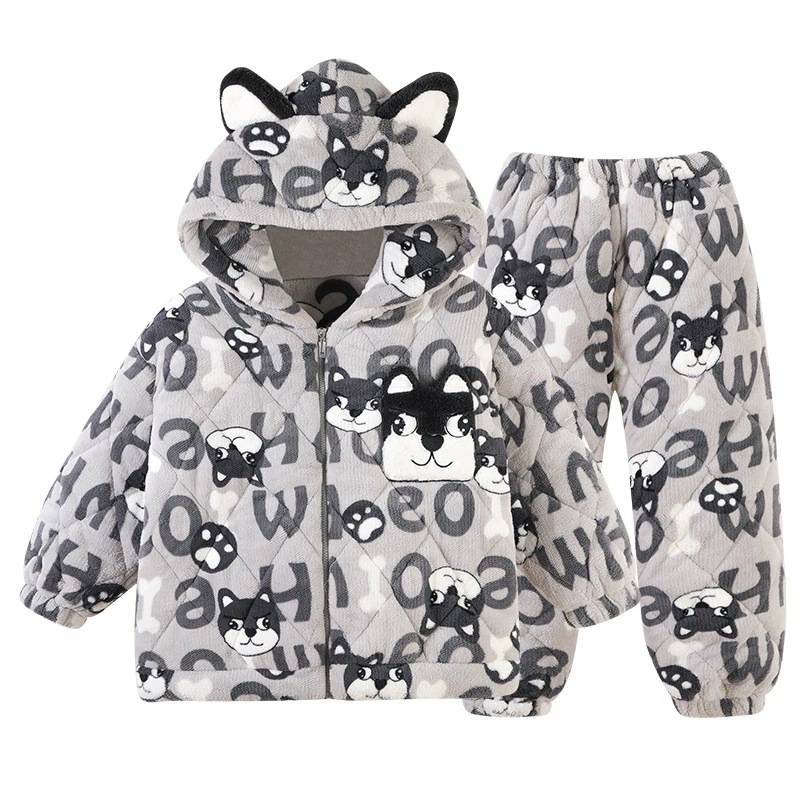 通学 男の子パジャマ子供秋冬珊瑚絨毯連帽三層綿挟み男の子青少年大童部屋着冬 保育園 小学部