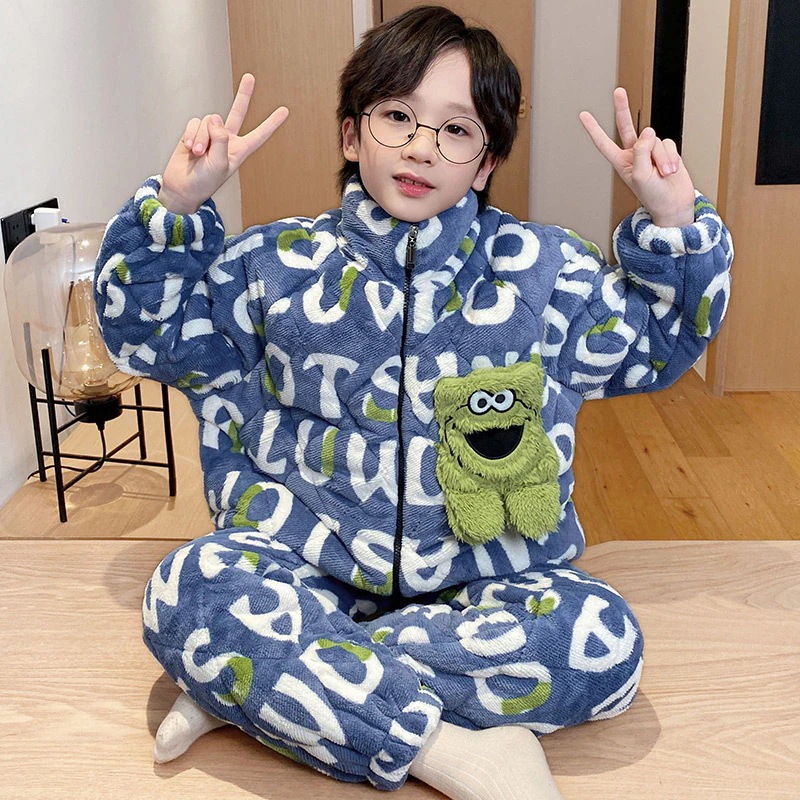通学 男の子パジャマ子供秋冬珊瑚絨毯連帽三層綿挟み男の子青少年大童部屋着冬 保育園 小学部