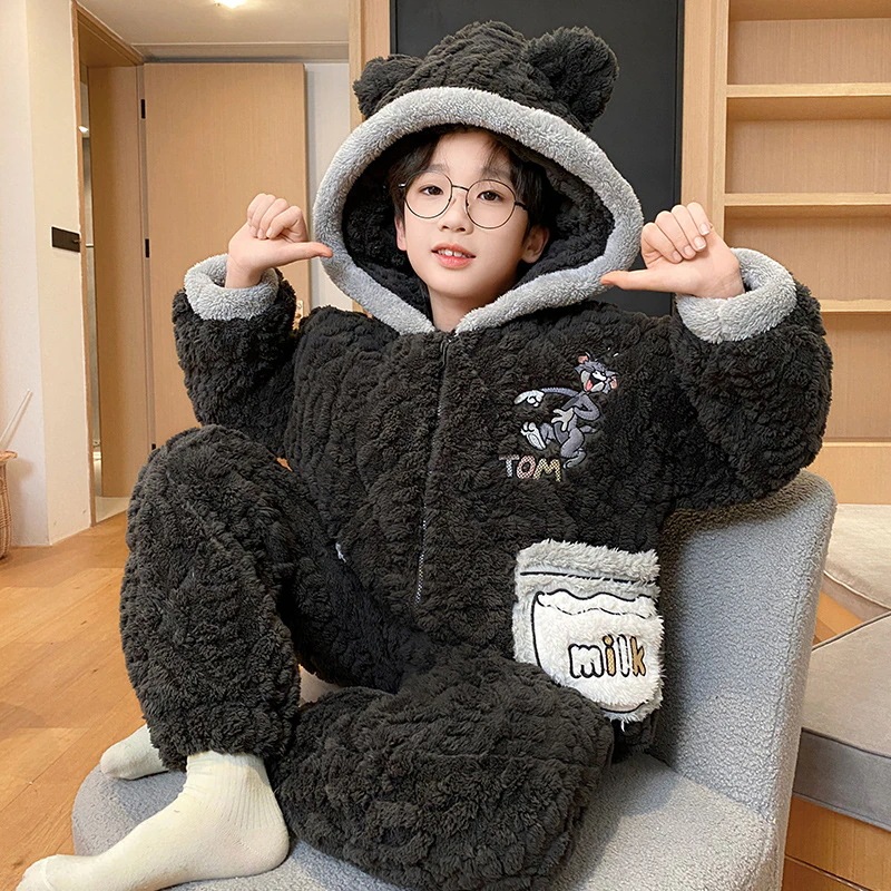 通学 男の子パジャマ子供秋冬珊瑚絨毯連帽三層綿挟み男の子青少年大童部屋着冬 保育園 小学部