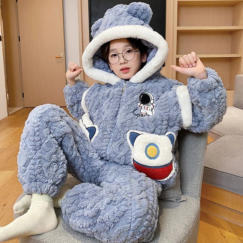 通学 男の子パジャマ子供秋冬珊瑚絨毯連帽三層綿挟み男の子青少年大童部屋着冬 保育園 小学部