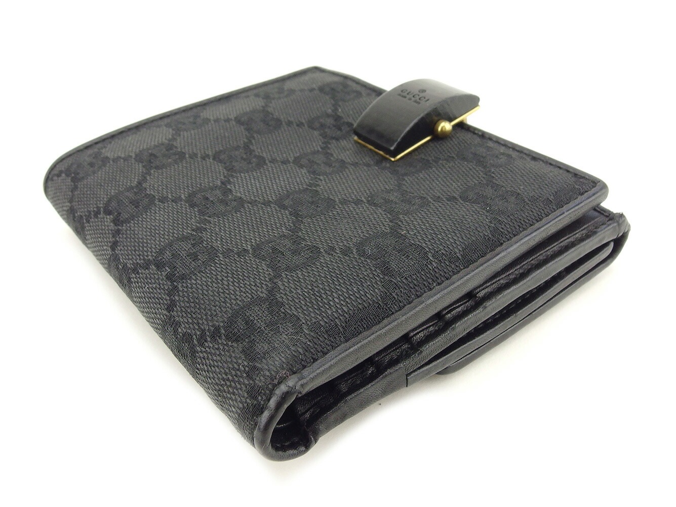 二つ折り財布 ＧＧキャンバス ブラック ゴールド レディース 中古
