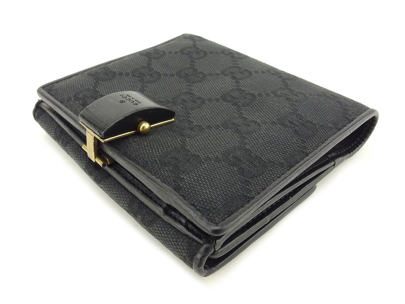 二つ折り財布 ＧＧキャンバス ブラック ゴールド レディース 中古