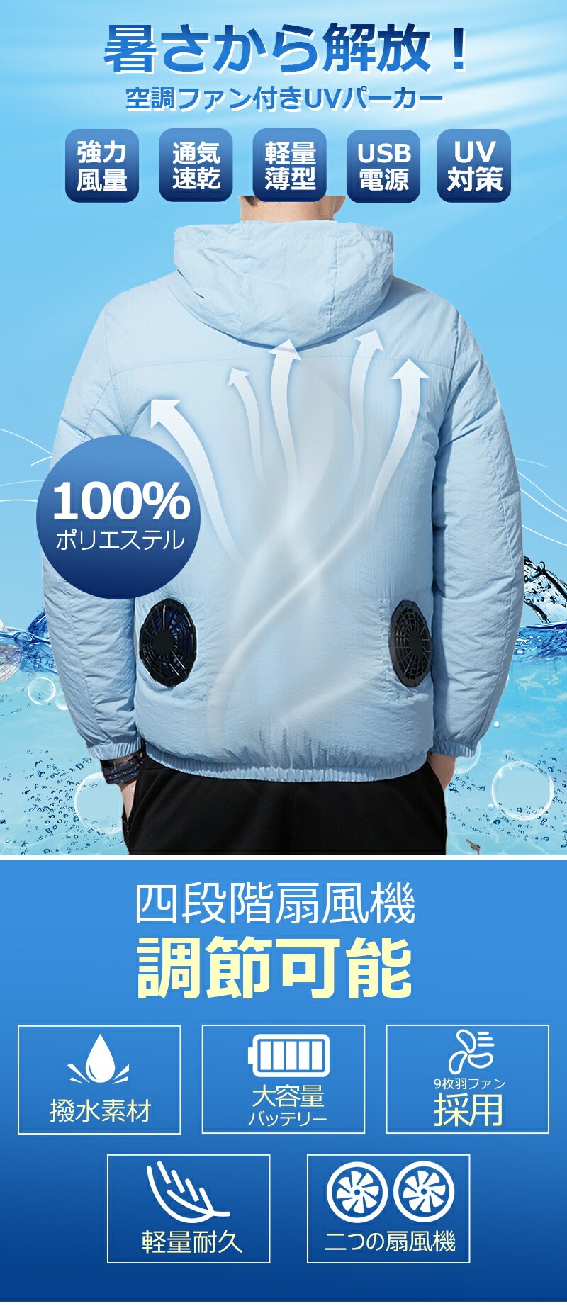 【即納】ファンセット付き バッテリープレゼント 男女兼用 熱中症対策 涼しい 軽い 薄い 速乾軽量 防風防水 遮熱 紫外線防止 UVカット現場仕事 大風量 小型ファン２基 4段階風量調節 空調扇風服