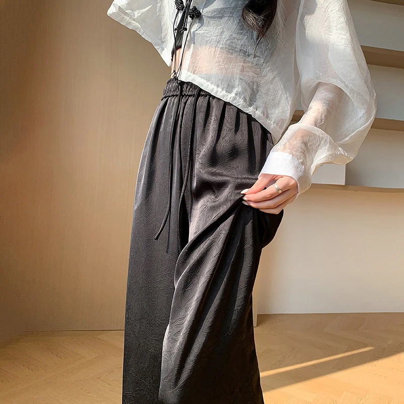 接触冷感ボトムス スラックスパンツ ためのハイウエストサテンアイスシルクワイドレッグパンツ2025スタイル薄いドレープフロアレングスカジュアル日焼け止めストレートパンツ 韓国ファッション 接触冷感ボトムス スラックスパンツ ためのハイウエストサテンアイスシルクワイドレッグパンツ2025スタイル薄いドレープフロアレングスカジュアル日焼け止めストレートパンツ 韓国ファッション