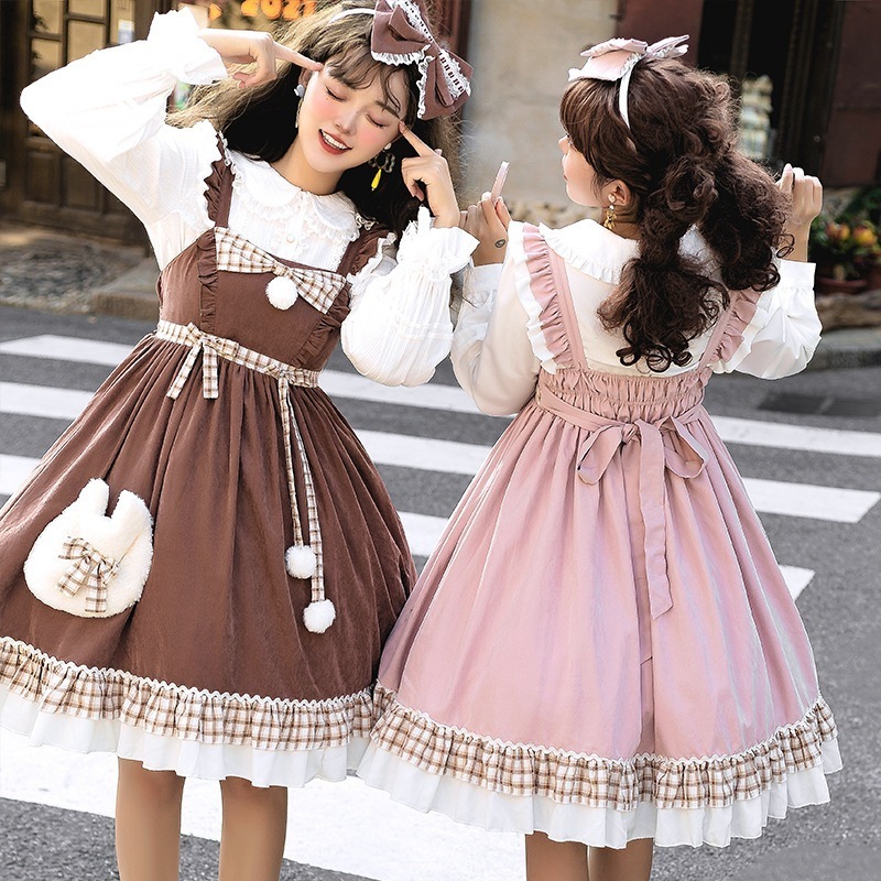 雪玉にゃんこの秋冬ビロードのキャミソールワンピース ロリータワンピース