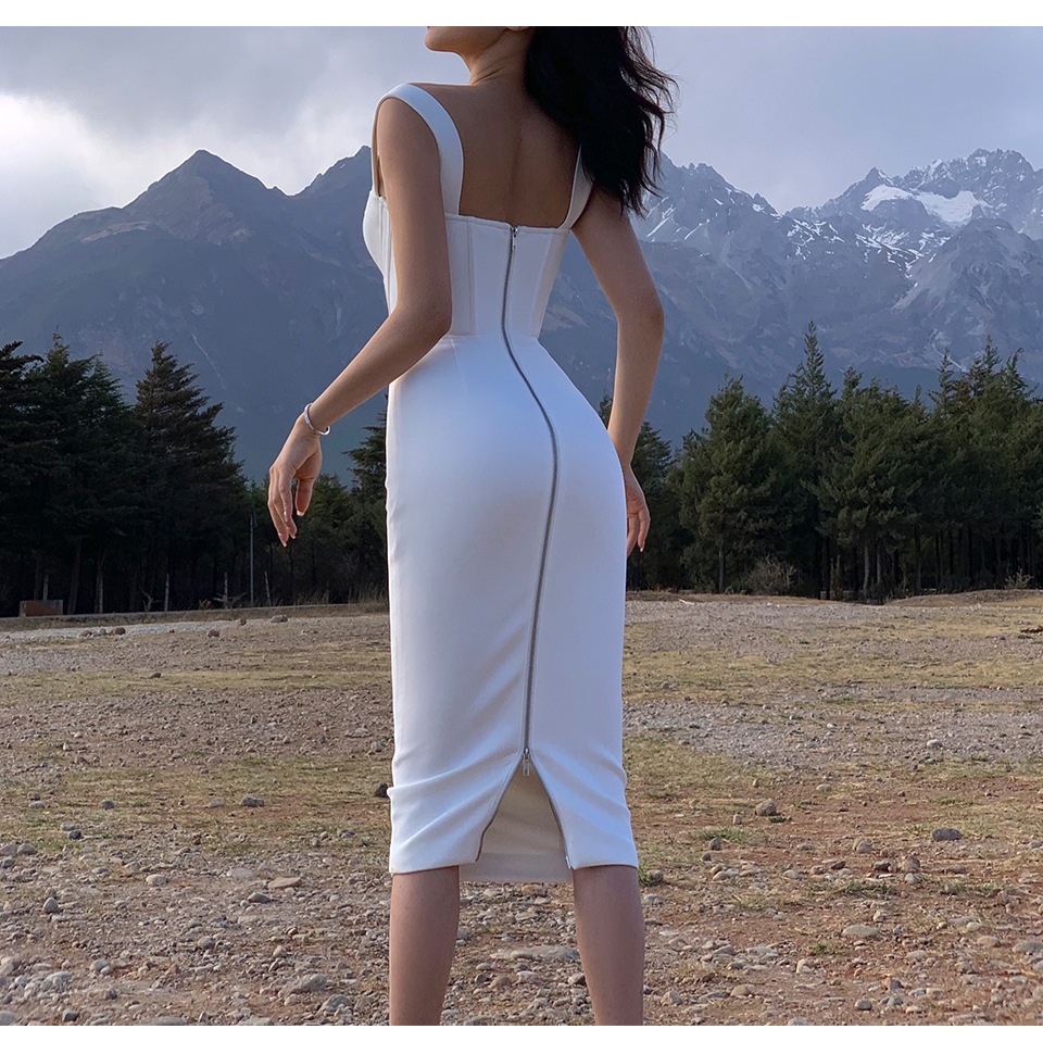 ブラック スリング バッグ ヒップ ドレス 秋 ニッチ デザイン セクシー 薄い ベース スカート ブラック ホワイト XS S M L ワンピース 膝丈 ひざ丈 かわいい 大人可愛い きれいめ