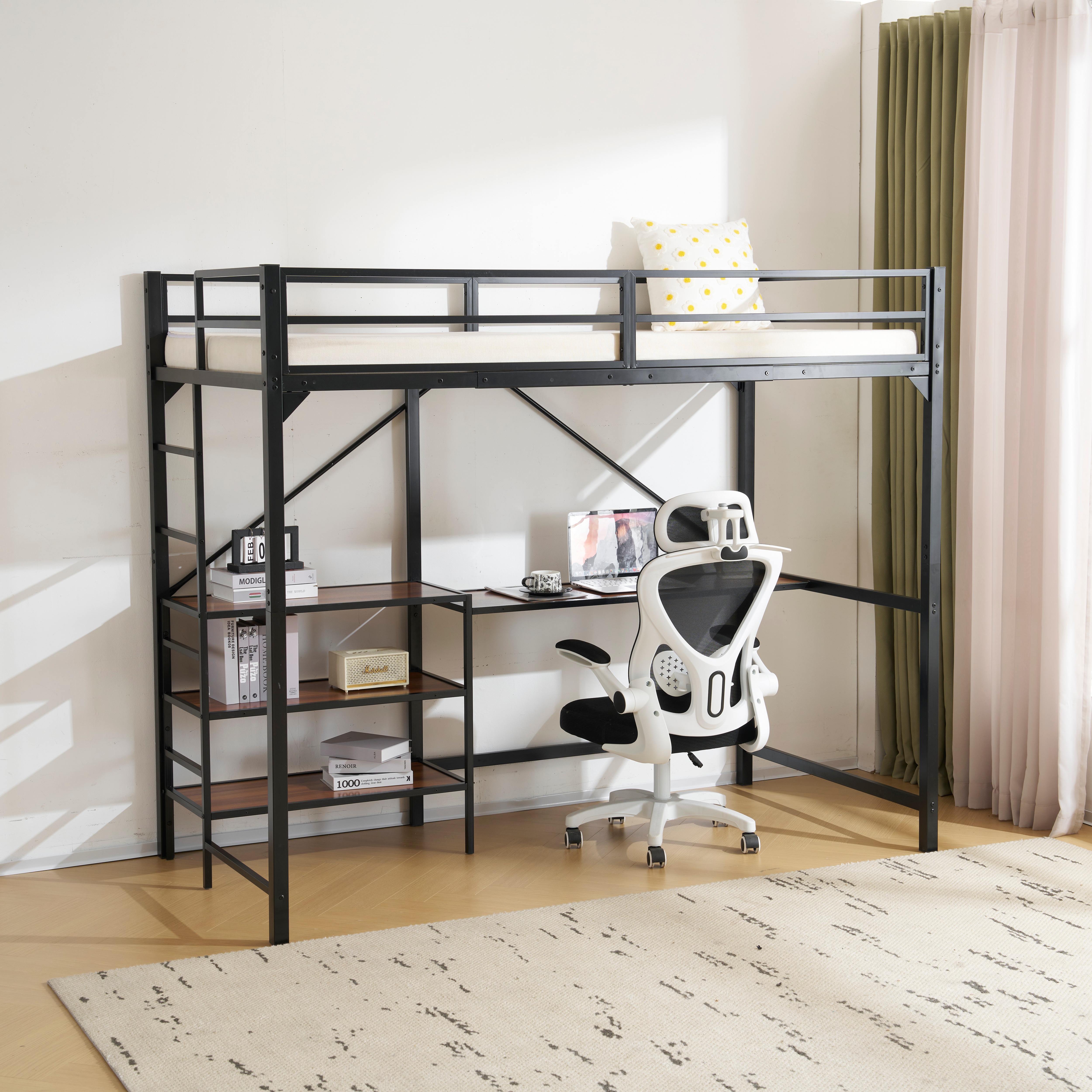 国内発送&送·料·無·料】新作 ブラック デスク付き パイプベッド ロフト