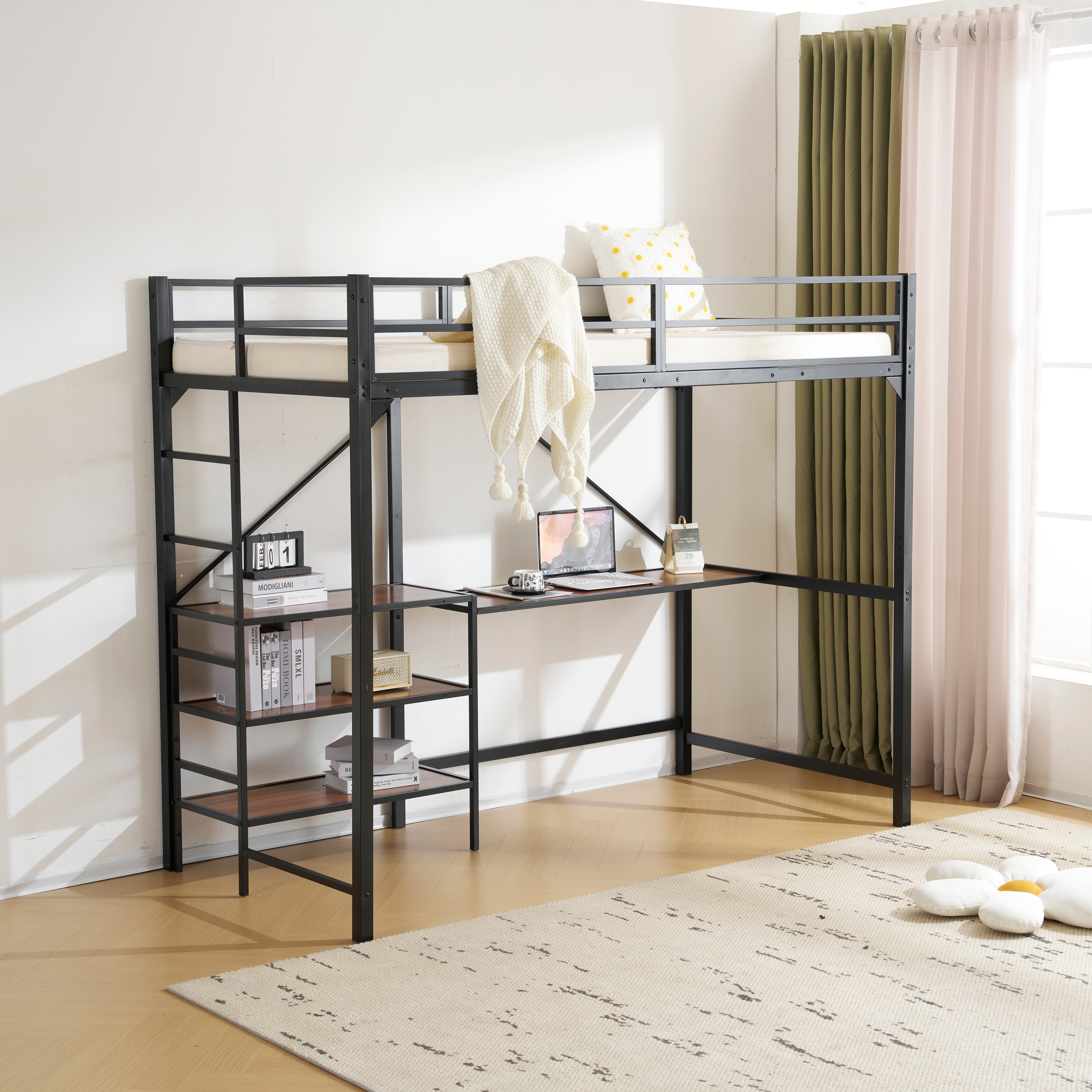 国内発送&送·料·無·料】新作 ブラック デスク付き パイプベッド ロフト
