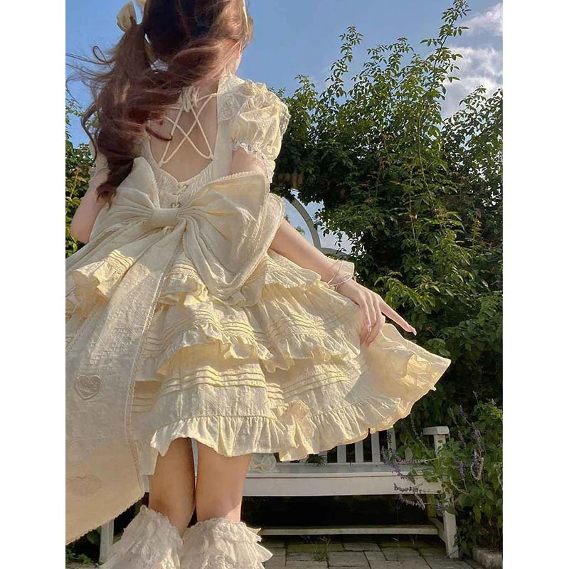 背中に大きなリボンが付いたクリームイエローのロリータドレスopドレスロリータプリンセスドレス 背中に大きなリボンが付いたクリームイエローのロリータドレスopドレスロリータプリンセスドレス
