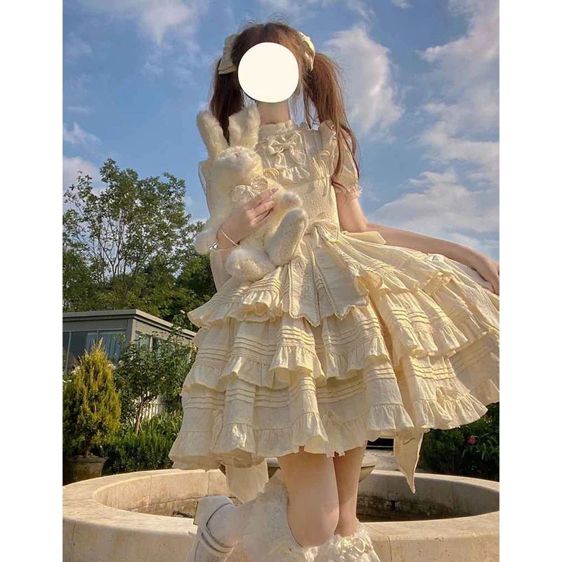 背中に大きなリボンが付いたクリームイエローのロリータドレスopドレスロリータプリンセスドレス 背中に大きなリボンが付いたクリームイエローのロリータドレスopドレスロリータプリンセスドレス