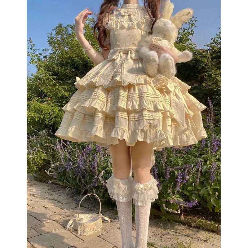 背中に大きなリボンが付いたクリームイエローのロリータドレスopドレスロリータプリンセスドレス 背中に大きなリボンが付いたクリームイエローのロリータドレスopドレスロリータプリンセスドレス