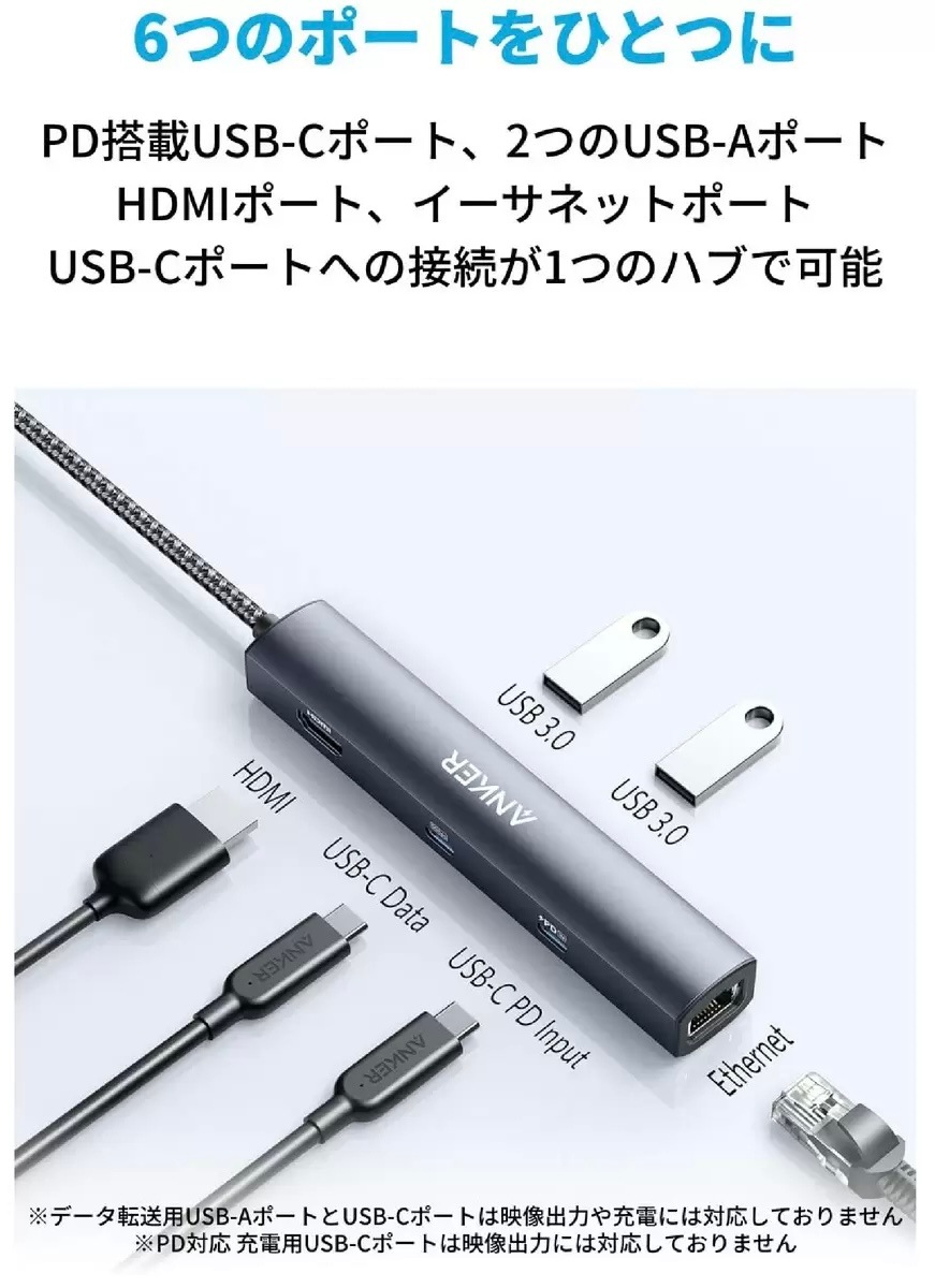 Anker USB-C イーサネットハブ 6ポート 最大出力53W　新品