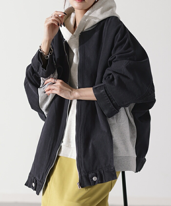 ブルゾン 異素材MIX デニム スウェット Gジャン アウター デニムジャケット レディース オーバーサイズ ブルゾン 異素材MIX デニム スウェット Gジャン アウター デニムジャケット レディース オーバーサイズ