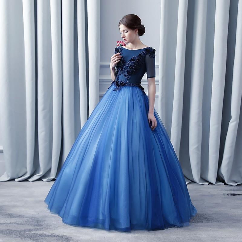 カラードレス 青 袖あり ウエディングドレス 結婚式 安い ロングドレス 演奏会 プリンセスラインドレス 二次会 ウェディングドレス パーティードレス ステージ衣装 発表会 イブニングドレス 披露宴