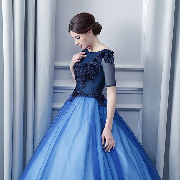 カラードレス 青 袖あり ウエディングドレス 結婚式 安い ロングドレス 演奏会 プリンセスラインドレス 二次会 ウェディングドレス パーティードレス ステージ衣装 発表会 イブニングドレス 披露宴