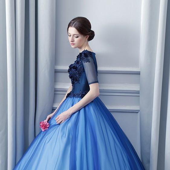 カラードレス 青 袖あり ウエディングドレス 結婚式 安い ロングドレス 演奏会 プリンセスラインドレス 二次会 ウェディングドレス パーティードレス ステージ衣装 発表会 イブニングドレス 披露宴