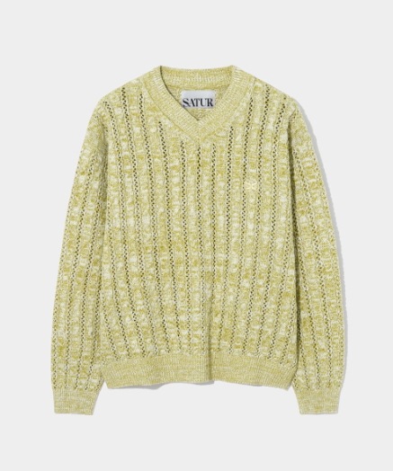 【SATUR】 GRASSE V-NECK CABLE KNIT : NATURAL GREEN