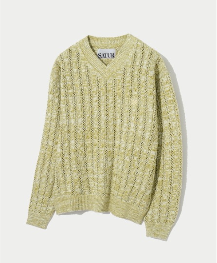 【SATUR】 GRASSE V-NECK CABLE KNIT : NATURAL GREEN