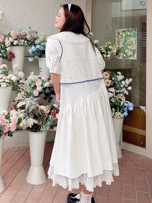 【短納期】プラスサイズ スウィートロリータ OP ドレス ベスト 2 点セット ポリエステル 半袖 スウィート ドレス ホワイト ロリータ