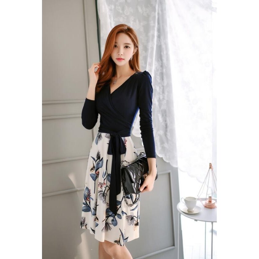 膝丈お呼ばれ 花柄 カシュクール きれいめ フォーマル ワンピース 韓国風 20代30代40代50代