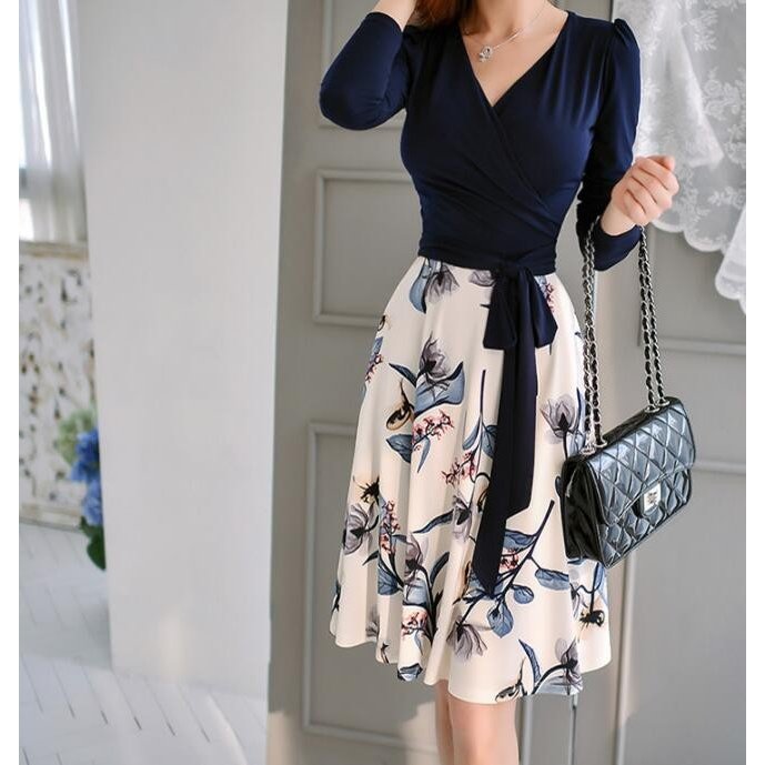 膝丈お呼ばれ 花柄 カシュクール きれいめ フォーマル ワンピース 韓国風 20代30代40代50代