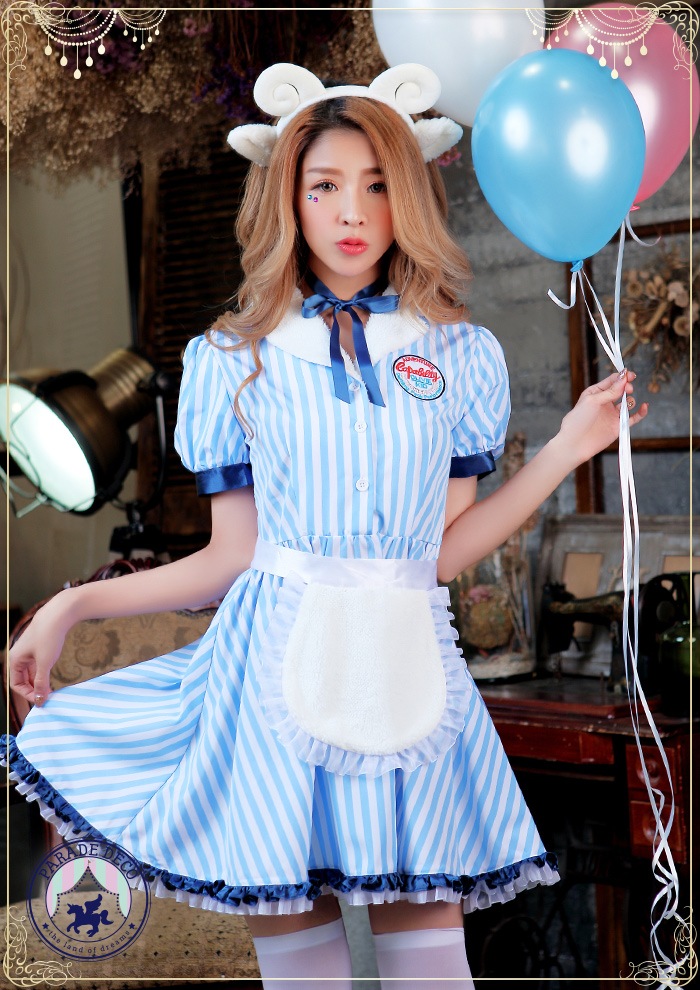ハロウィン コスプレ メイド メイド服 ひつじ アニマル 仮装 羊 コスチューム ウェイトレス ストライプ 水色 PARADE DECO×M企画デザイン シープコスプレ コスチューム レディース コス