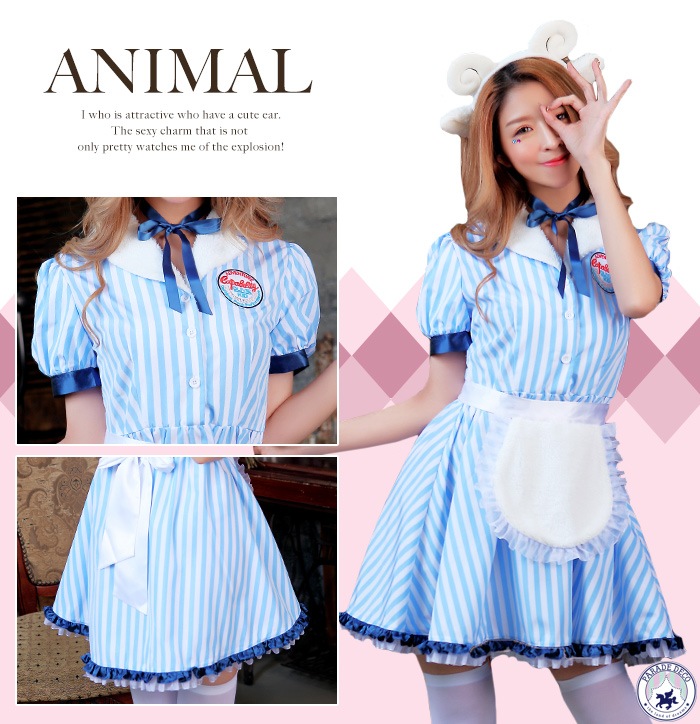 ハロウィン コスプレ メイド メイド服 ひつじ アニマル 仮装 羊 コスチューム ウェイトレス ストライプ 水色 PARADE DECO×M企画デザイン シープコスプレ コスチューム レディース コス