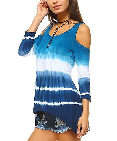 女性のファッションタイ染料トップコールドショルダーアシンメトリーチュニックTシャツ 女性のファッションタイ染料トップコールドショルダーアシンメトリーチュニックTシャツ
