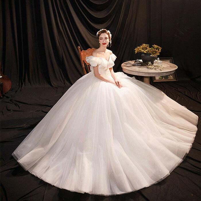 ウエディングドレス 二次会 ウェディグドレス 海外挙式 前撮り 花嫁 結婚式 ブライダル 披露宴 ロングドレス エンパイア プリンセスラインドレス オフショルダー