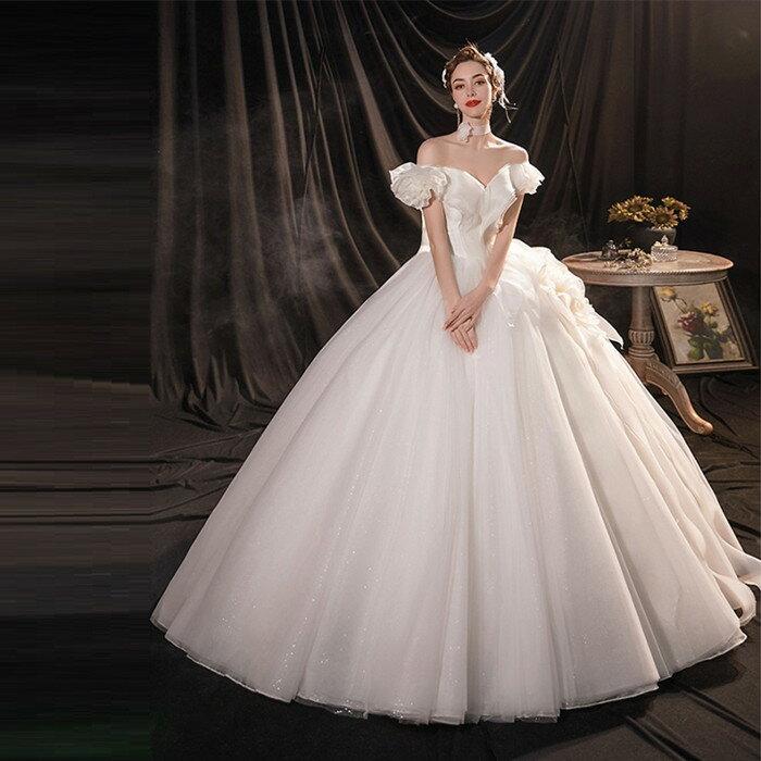 ウエディングドレス 二次会 ウェディグドレス 海外挙式 前撮り 花嫁 結婚式 ブライダル 披露宴 ロングドレス エンパイア プリンセスラインドレス オフショルダー