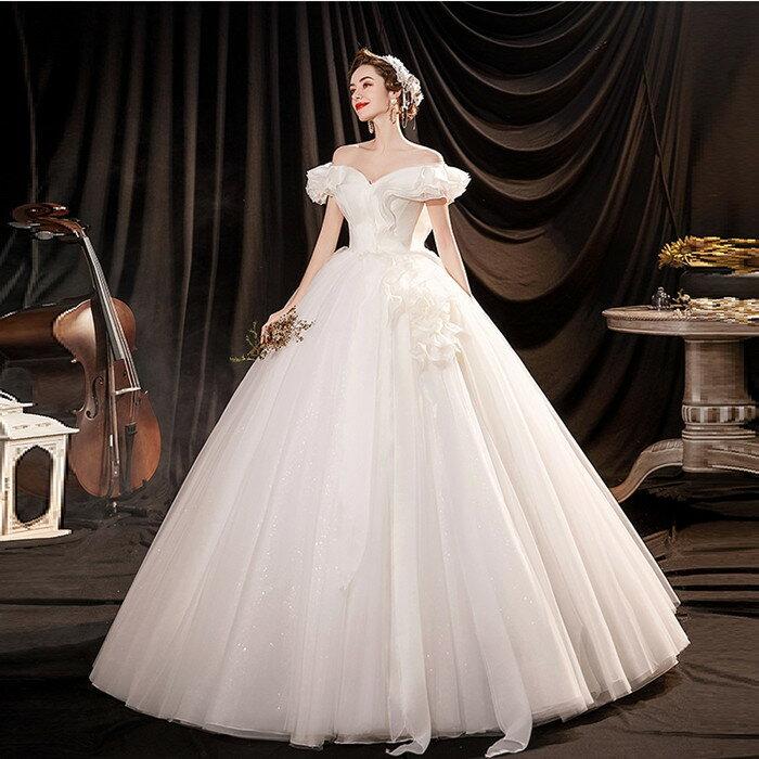 ウエディングドレス 二次会 ウェディグドレス 海外挙式 前撮り 花嫁 結婚式 ブライダル 披露宴 ロングドレス エンパイア プリンセスラインドレス オフショルダー