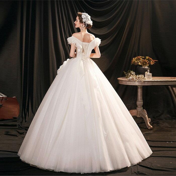 ウエディングドレス 二次会 ウェディグドレス 海外挙式 前撮り 花嫁 結婚式 ブライダル 披露宴 ロングドレス エンパイア プリンセスラインドレス オフショルダー