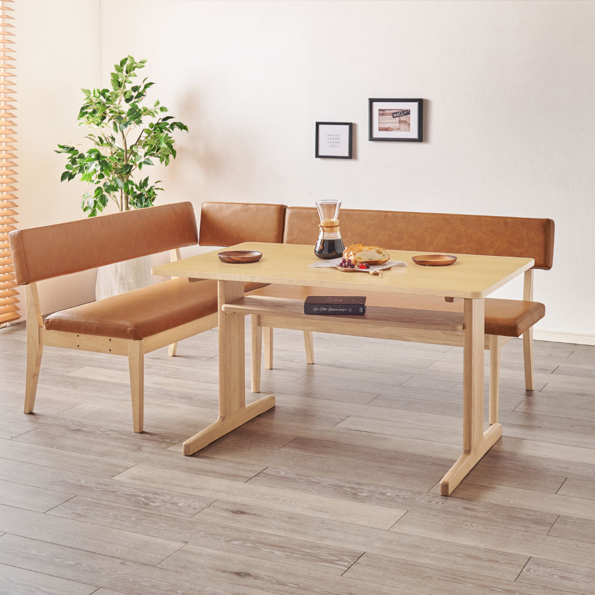 ダイニングテーブル 3点セット ロータイプ 2人掛けソファx1 コーナーソファx1 ダイニングセット ダイニング オーク 木製 天然木 食卓 セット 天板下 収納棚 レザー調 4人掛け