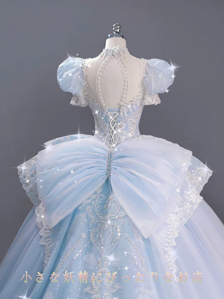 ウェディングドレス 2025 花嫁 パフスリーブ フランス宮廷風 重工テールふわふわプリンセスドレス ホワイトウェディングドレス ブルーウェディングドレス