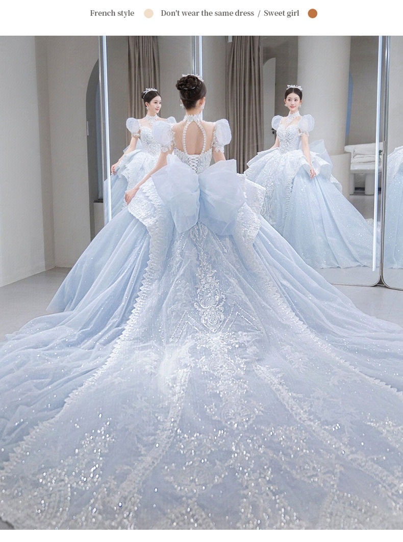 ウェディングドレス 2025 花嫁 パフスリーブ フランス宮廷風 重工テールふわふわプリンセスドレス ホワイトウェディングドレス ブルーウェディングドレス