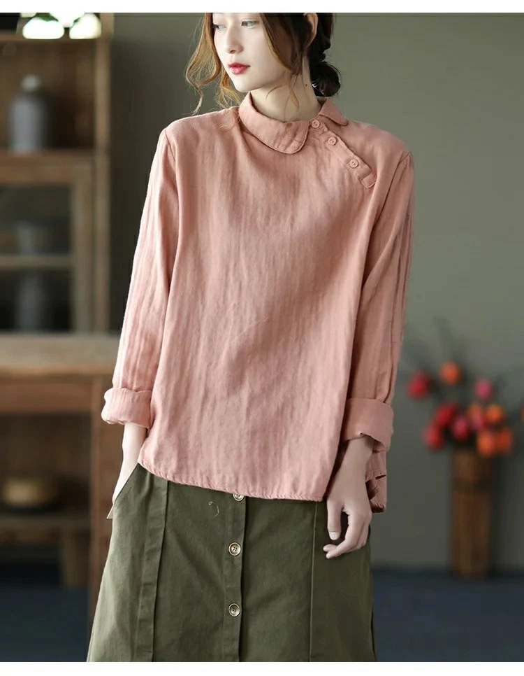レディース シャツ 春秋 長袖 ダブルガーゼ 綿シャツ 肌触りいい トップス シャツブラウス 斜めボタン プルオーバー 柔らか 通気性 デザイン 着心地よい 母の日 プレゼント