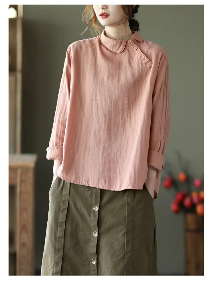レディース シャツ 春秋 長袖 ダブルガーゼ 綿シャツ 肌触りいい トップス シャツブラウス 斜めボタン プルオーバー 柔らか 通気性 デザイン 着心地よい 母の日 プレゼント