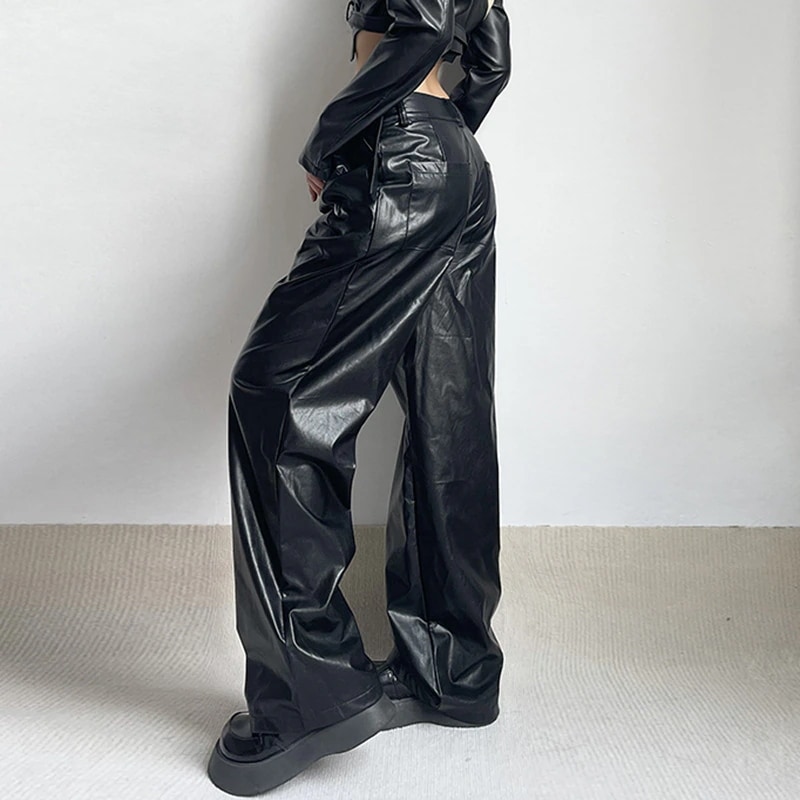 PUズボン メタルバックルパンツ ウエストパンツ 女性機関車風黒ドレープ モップストレート カジュアルパンツ PUズボン メタルバックルパンツ ウエストパンツ 女性機関車風黒ドレープ モップストレート カジュアルパンツ