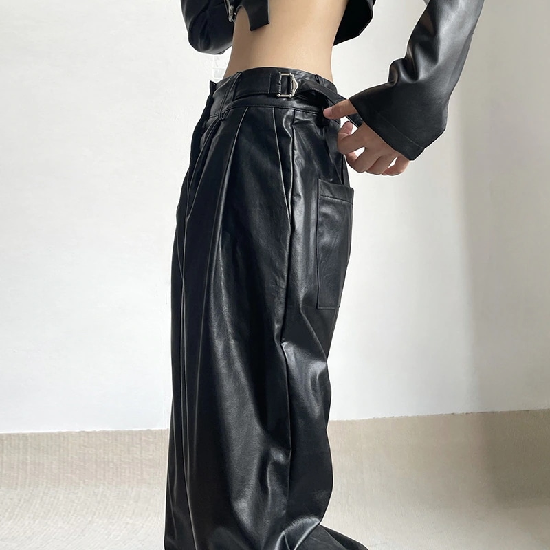 PUズボン メタルバックルパンツ ウエストパンツ 女性機関車風黒ドレープ モップストレート カジュアルパンツ PUズボン メタルバックルパンツ ウエストパンツ 女性機関車風黒ドレープ モップストレート カジュアルパンツ