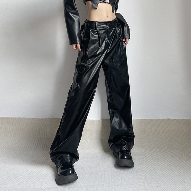 PUズボン メタルバックルパンツ ウエストパンツ 女性機関車風黒ドレープ モップストレート カジュアルパンツ PUズボン メタルバックルパンツ ウエストパンツ 女性機関車風黒ドレープ モップストレート カジュアルパンツ