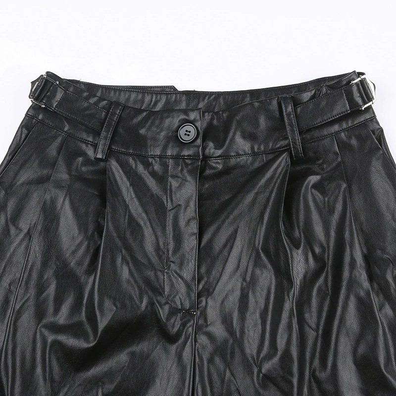 PUズボン メタルバックルパンツ ウエストパンツ 女性機関車風黒ドレープ モップストレート カジュアルパンツ PUズボン メタルバックルパンツ ウエストパンツ 女性機関車風黒ドレープ モップストレート カジュアルパンツ