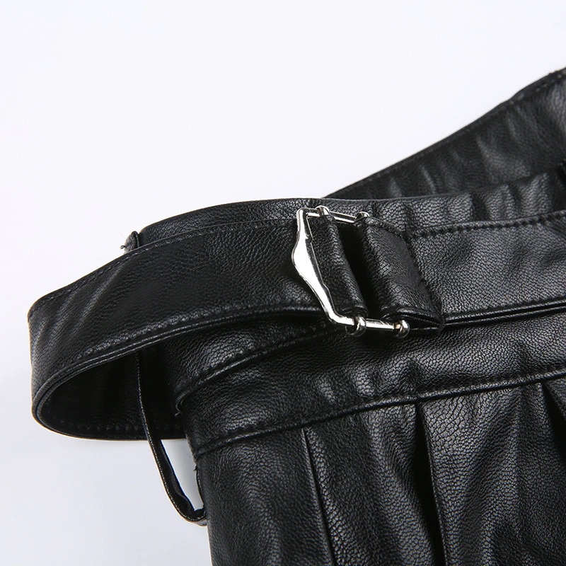 PUズボン メタルバックルパンツ ウエストパンツ 女性機関車風黒ドレープ モップストレート カジュアルパンツ PUズボン メタルバックルパンツ ウエストパンツ 女性機関車風黒ドレープ モップストレート カジュアルパンツ