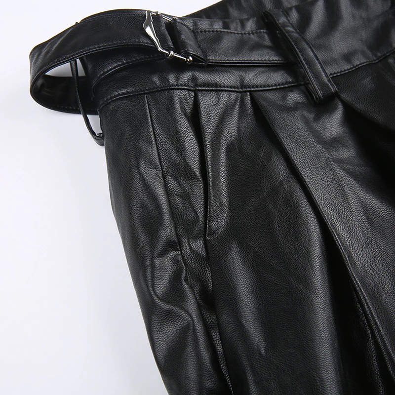 PUズボン メタルバックルパンツ ウエストパンツ 女性機関車風黒ドレープ モップストレート カジュアルパンツ PUズボン メタルバックルパンツ ウエストパンツ 女性機関車風黒ドレープ モップストレート カジュアルパンツ