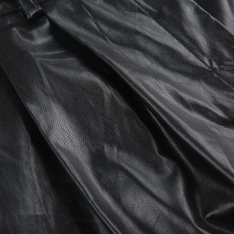 PUズボン メタルバックルパンツ ウエストパンツ 女性機関車風黒ドレープ モップストレート カジュアルパンツ PUズボン メタルバックルパンツ ウエストパンツ 女性機関車風黒ドレープ モップストレート カジュアルパンツ