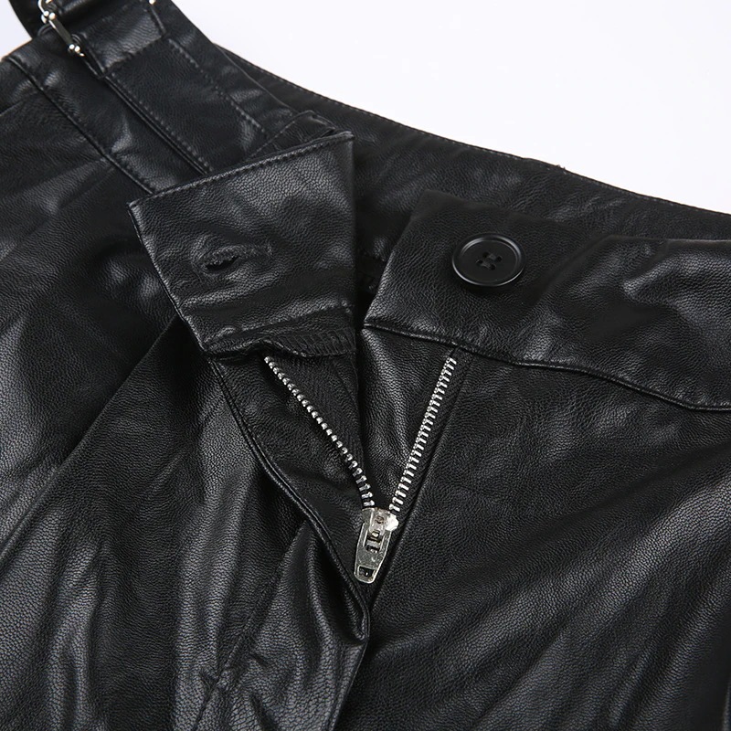 PUズボン メタルバックルパンツ ウエストパンツ 女性機関車風黒ドレープ モップストレート カジュアルパンツ PUズボン メタルバックルパンツ ウエストパンツ 女性機関車風黒ドレープ モップストレート カジュアルパンツ