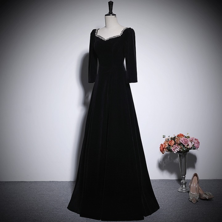 ドレス 衣装 ドレスワンピース イブニングドレス ブラックドレス 長袖 パフスリーブ 刺繡 胸元 ロング丈 バックシャン ベルベット ステージドレス 発表会 かわいい 大人可愛い きれいめ シンプル